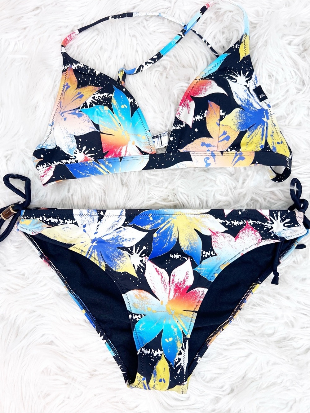 QUIKSILVER BLACK BLUE ORANGE FLORAL PRINT 2 PC BIKINI WOMENS MEDIUM
